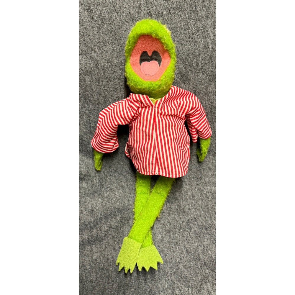 Vintage 16" Kermit the Frog Plush Muppets Jim Henson Red White Striped Pajamas